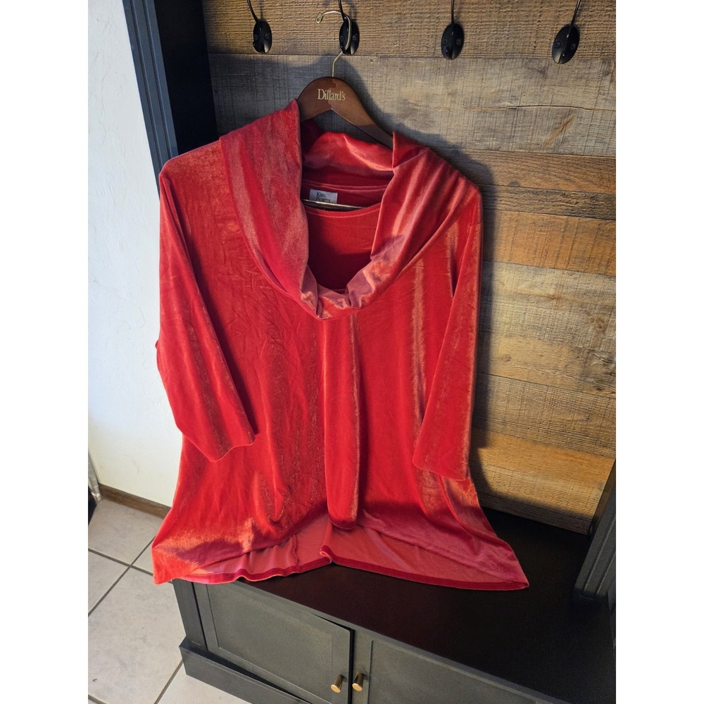 Kim Rogers Red Velour Hooded Pullover Top, 3/4 Sleeve, Plus 3X Stretch